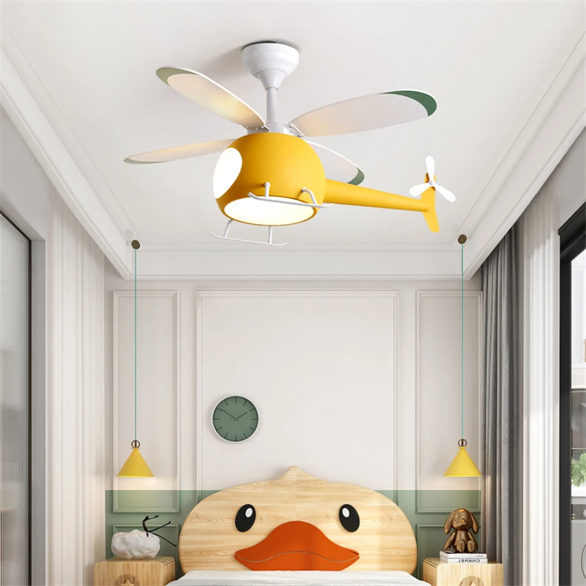 Cartoon aircraft children's fan lamp ceiling lights bedroom Nordic living room study hanging lamps dimming home lighting