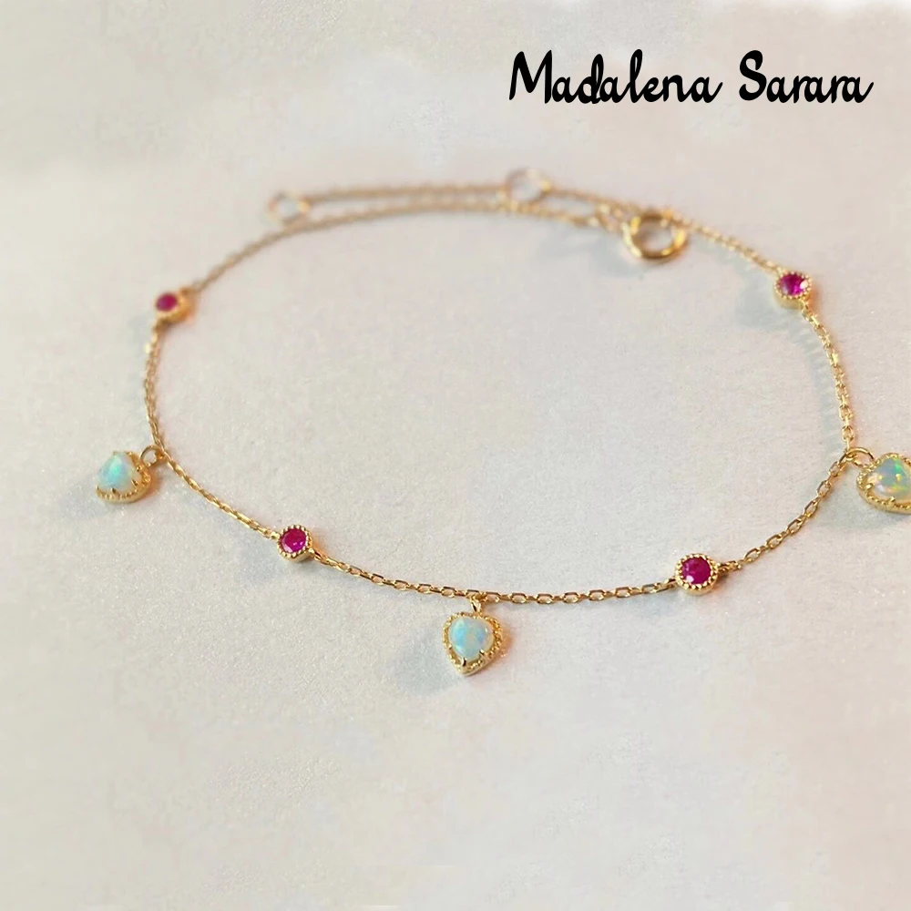 MADALENA SARARA 18k Gold Women Bracelet Topaz Stone Ruby Inlaid Design Style Women Chain Bracelet Au750 Prong Setting