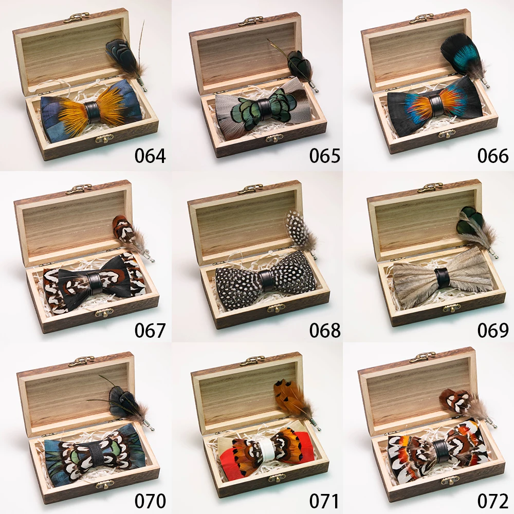 EASTEPIC Handmade Feather Bow Tie Brooch Wooden Box Set Men's Exquisite Accessories for Wedding Party Birthday Gift Necktie