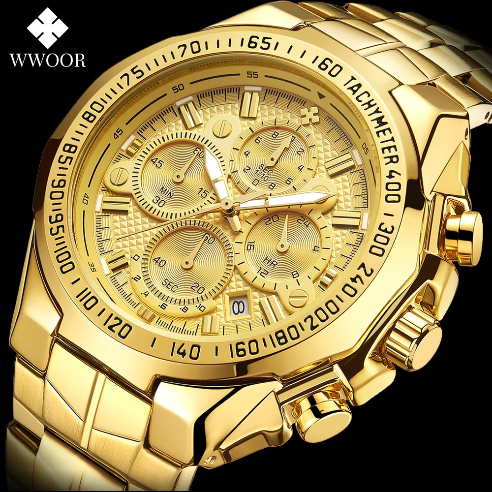 WWOOR Luxury Brand Gold Watches For Mens Waterproof Quartz Sports Wrist Watches Fashion Chronograph Male Clock Relogio Masculino