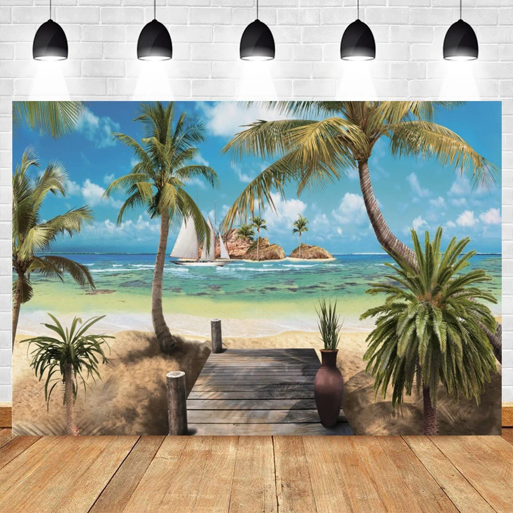 Summer Sea Ocean Backdrop Seaside Island Tropical Beach Coconut Trees Birthday Party Wedding Photography Background Photo Booth