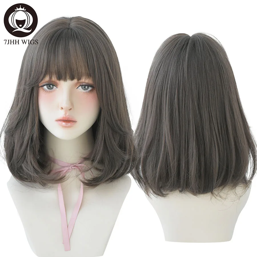 7JHH WIGS Natural Comfortable Synthetic Wig for Women Black Shoulder Straight Hair 14 Inch Fashion Hairstyle Wig