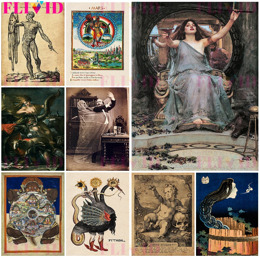 Vintage Greek Mythology Goddess Wall Art,Occult Witches & Vampires Canvas Painting,Pagan Witchcraft Art Poster Print Decoration