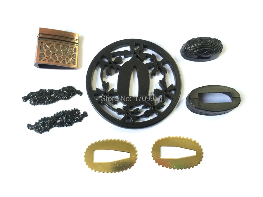 High Quallty Japanese Samurai Sword Katana/Wakizashi/Tanto DIY Fittings Set Tsuba+Menuki+Fuchi+Kashira+Handle+Habaki+Seppa