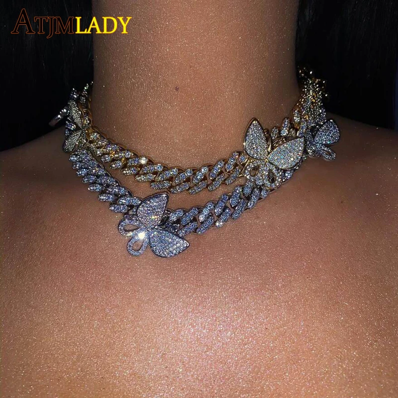 

Silver Color Luxury faShion 12MM iced out blinG cz Miami cuban link chain Butterfly charm choker necklace hip hop women jewelry