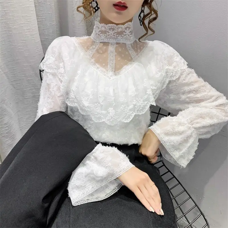 Solid Elegant Lace Chiffon Blouse Women Ruffle Designer Blouse Female Office Lady Patchwork French Style Korean Tops Women 2020