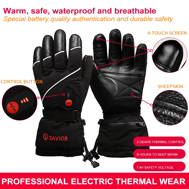 SAVIOR 7.4V 3 Levels Electric Rechargeable Heated Gloves Waterproof Cycling  Gloves Heated Winter Thick Leather Skiing Gloves