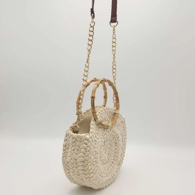 Handmade Round Women\'s Chain Crossbody Bag Bamboo Handle Handbag Bohemian Summer Beach Bags Female Woven Tote Straw Bag