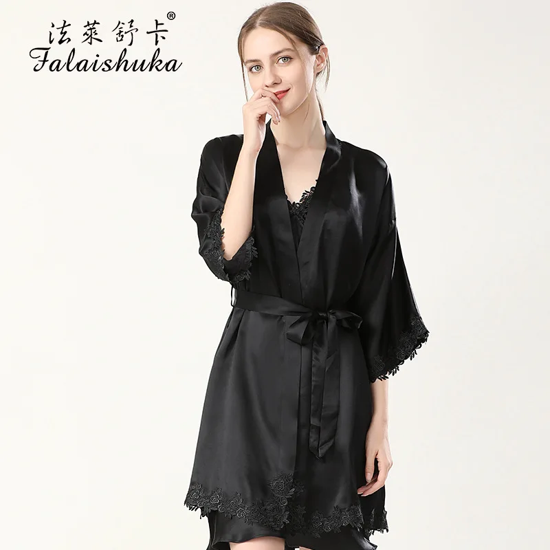 16 momme 100% mulberry silk women robes gown sets spaghetti strap Elegant sexy lace nightdress wedding robes sleepwear S5691