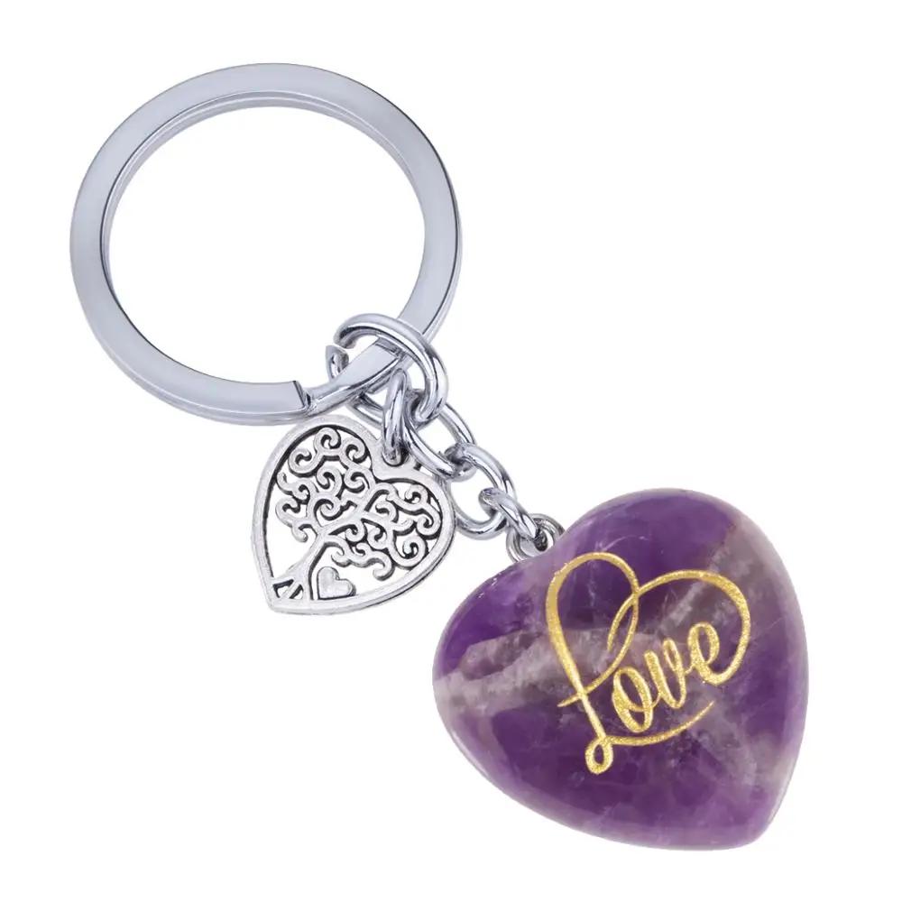 TUMBEELLUWA Love Heart Crystal Stone Keyring With Metal Life Tree Charm Keychain For Car Key, Bag Decor