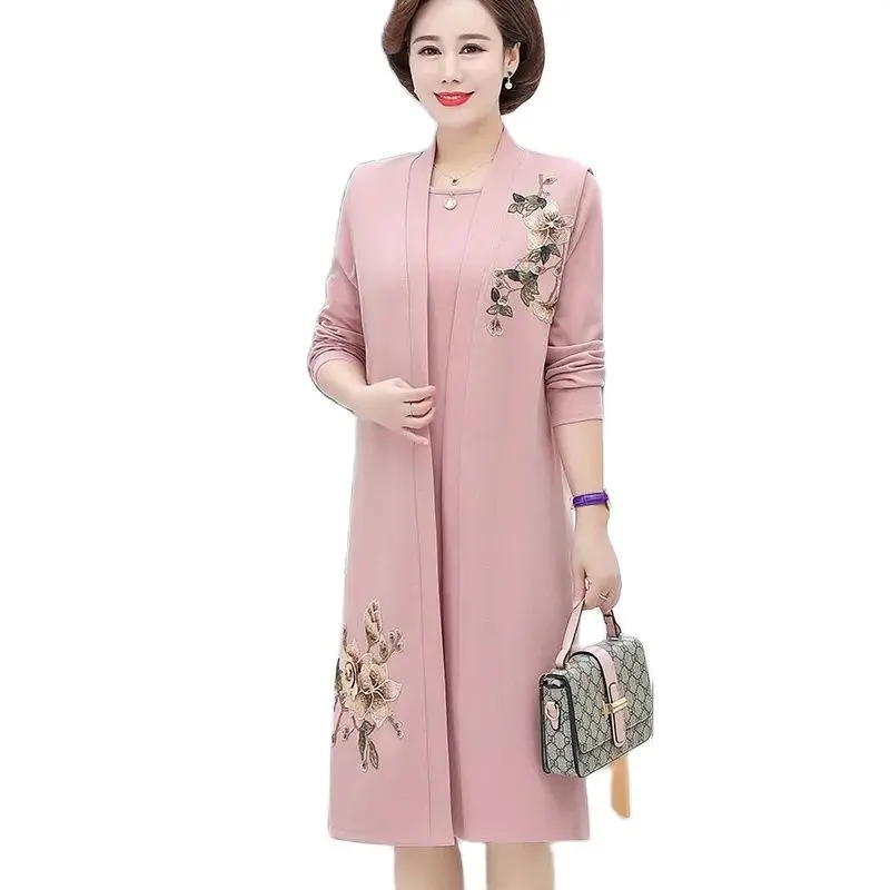 Mother Loose Spring Age Reduction Dress Two-piece Jacket 2021 Female Spring Autumn New Western Style Embroidered Midi Skirt A831