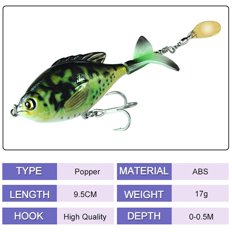 POETRYYI 2020 Sản Phẩm Mới Xoay Đuôi Popper Dụ 9.5Cm 17G Topwater Chao Đảo Mồi Câu Cá Bass Câu Cá