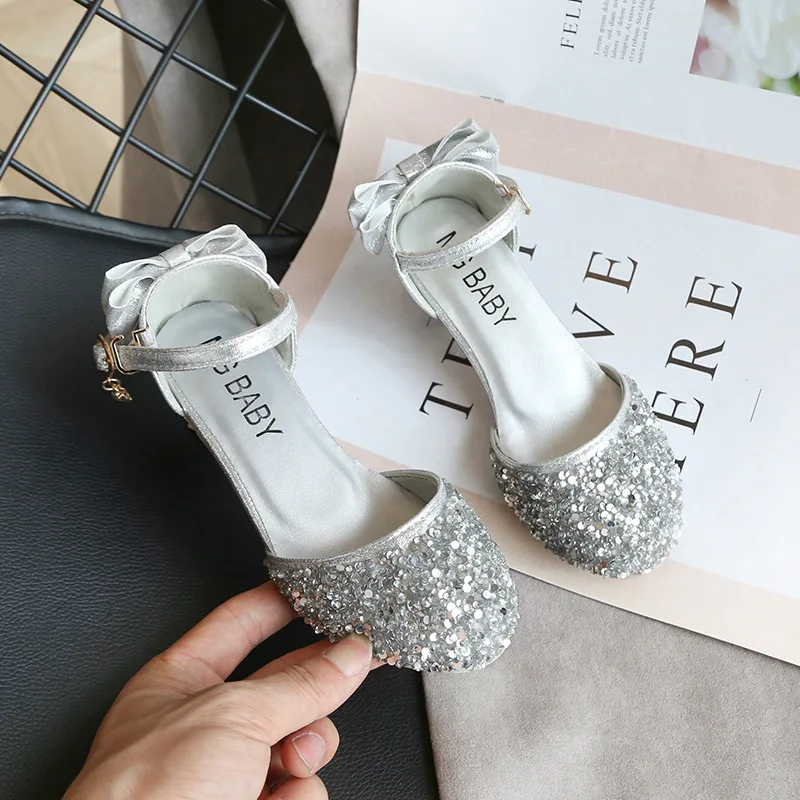 Girls Sequin Shoes Princess Gold Pink Silver Kids 2023 New Summer Glitter Holiday Shoes Wedding Birthday Party Formal B859