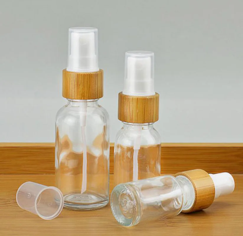 

50pcs 5 10 15ml 30ml 50ml clear glass pumps tops bamboo lotion bottle Glass bamboo white Mist Spray Bottle