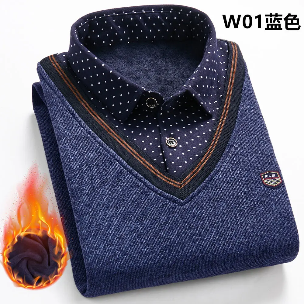 2024 New Autumn/Winter Men\'s Wool Shirt-Neck Sweater Fashionable Plaid Solid Thickened Warm Fleece High Quality Versatile Casual