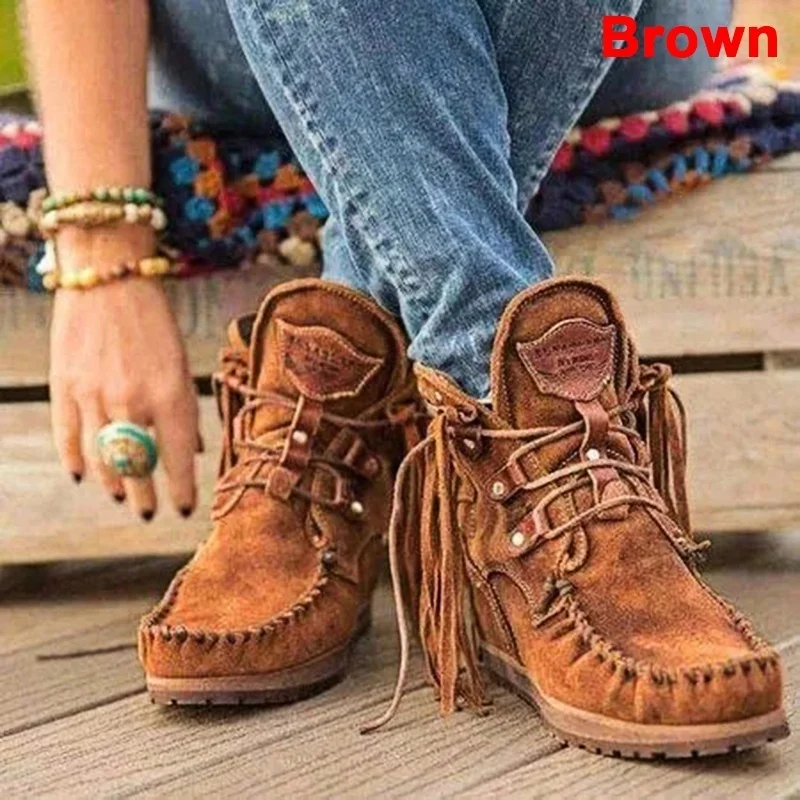 Women Ankle Boots Big Size Flats Shoes Booties Gladiator Vintage Faux Suede Round Toe Lace Up Shoe Tassels Botas Mujer