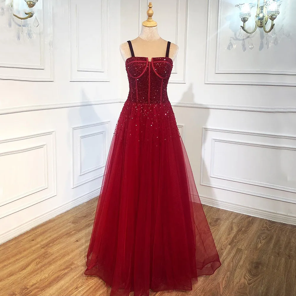 

Red Beading Evening Gowns Sleeveless A-Line Luxury Floor-Length Formal Dress Design prom dresses vestido de fiesta de boda