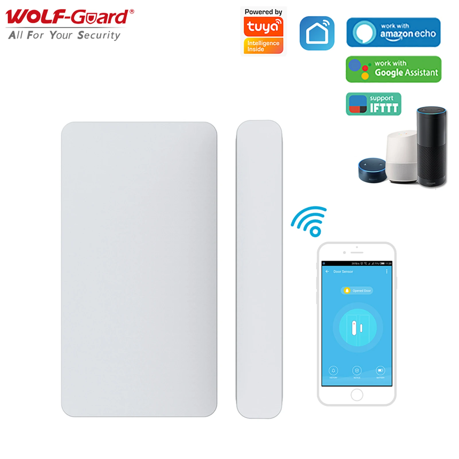 Wolf-Guard Tuya WiFi Smart Door Sensor Wireless Window open/Closed Alarm Detector APP Control Support Alexa /Google /IFTTT