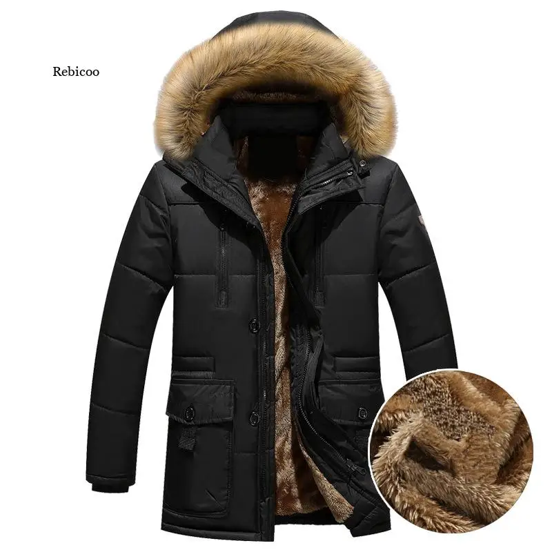 Dicke Warme Parka Männer Fleece Fell Kapuze Männer Winter Jacke Mantel Military Cargo Medium-lange Herren Mantel