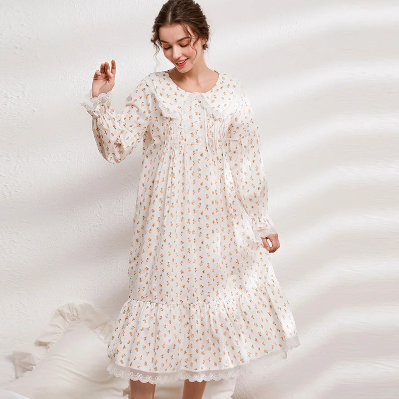 

Pure Cotton Floral Night Dress Women White Long Sleeve Robe Peignoir Nightwear Princess Sleepwear Victorian Vintage Nightgowns