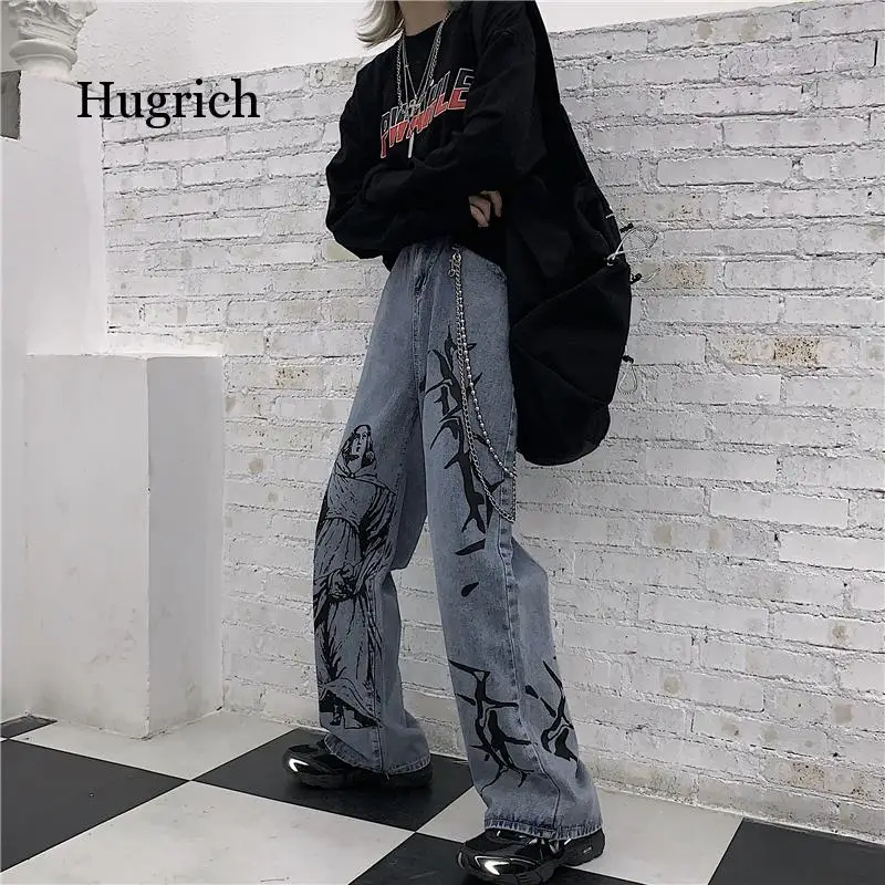 2020 New Summer Fashion Ins Street Hip-Hop Printing Wash Jeans Loose Casual Denim Wide Leg Pants Tide Woman