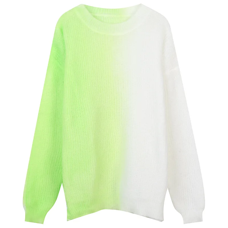 

Autumn Winter Printing Dyeing Loose Temperament Knitted Pullover New Women's Round Neck Raglan Sleeves Hit Color