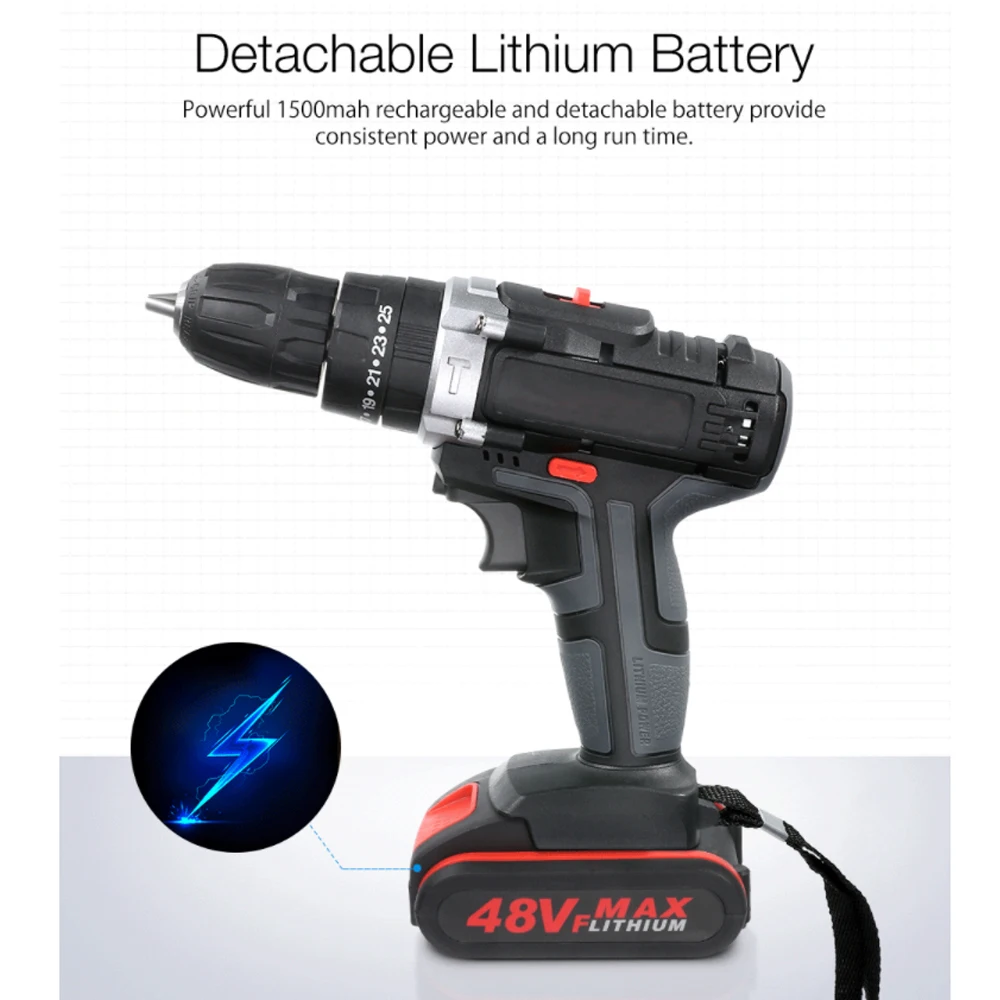 48V Cordless Screwdriver Electric Screwdriver Cordless Drill Power Tools Handheld Drill Lithium Battery Charging Drill + Battery