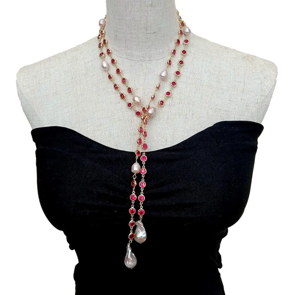 KKGEM 124cm Fuchsia Color Cubic Zirconia Pave Cultured Purple Cultured Nucleated Flameball Baroque Pearl Long Necklace
