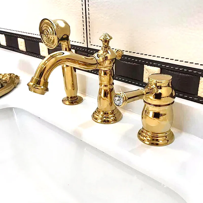 

Bathroom Basin Faucets Brass Widespread Sink Mixer Taps Hot & Cold Deck Mounted 3 Hole Nordic Style Deck Mounted Rose Golden