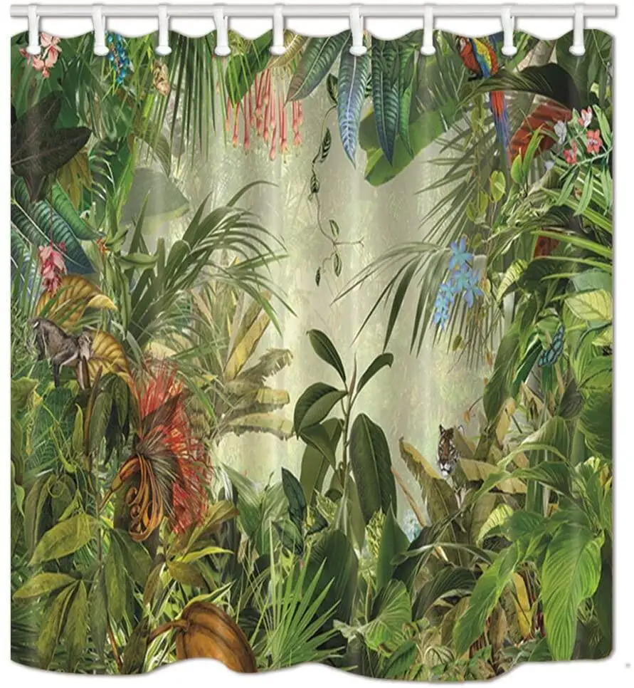 Tropical Rainforest Decor,Animals in The Palm and Banana Leaves Bath Curtain,Polyester Green Plant Bathroom Shower Curtains Set