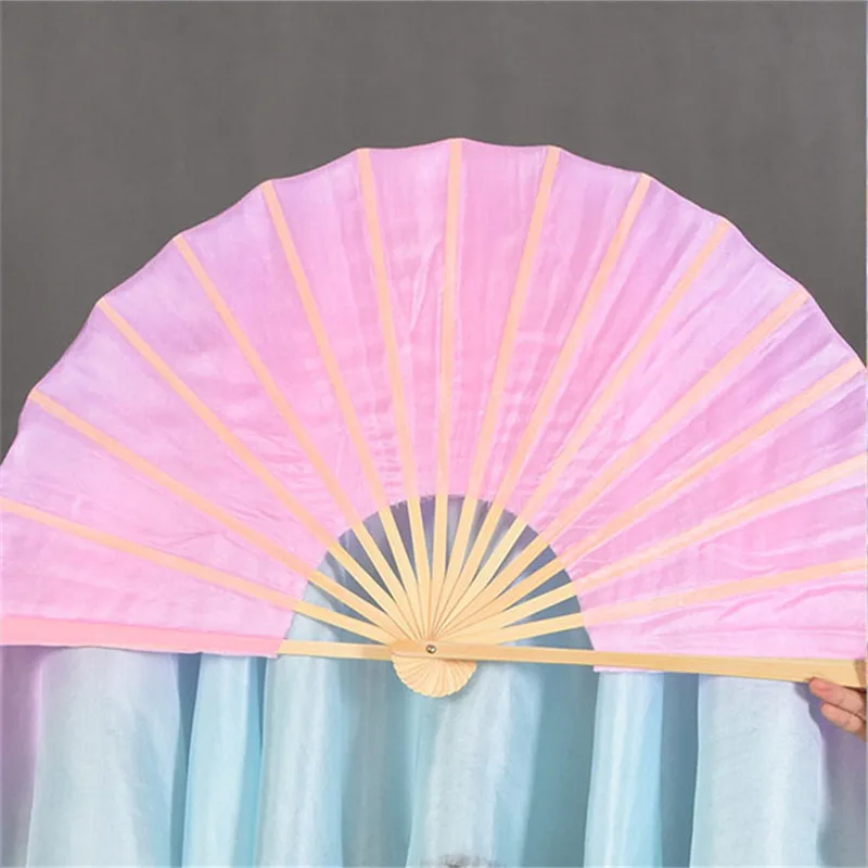 Real Silk Veil 1 Pair Colorful Yangko Dancing 100% Silk Bamboo Veils Dancer Short Fan Gradient Color 16\