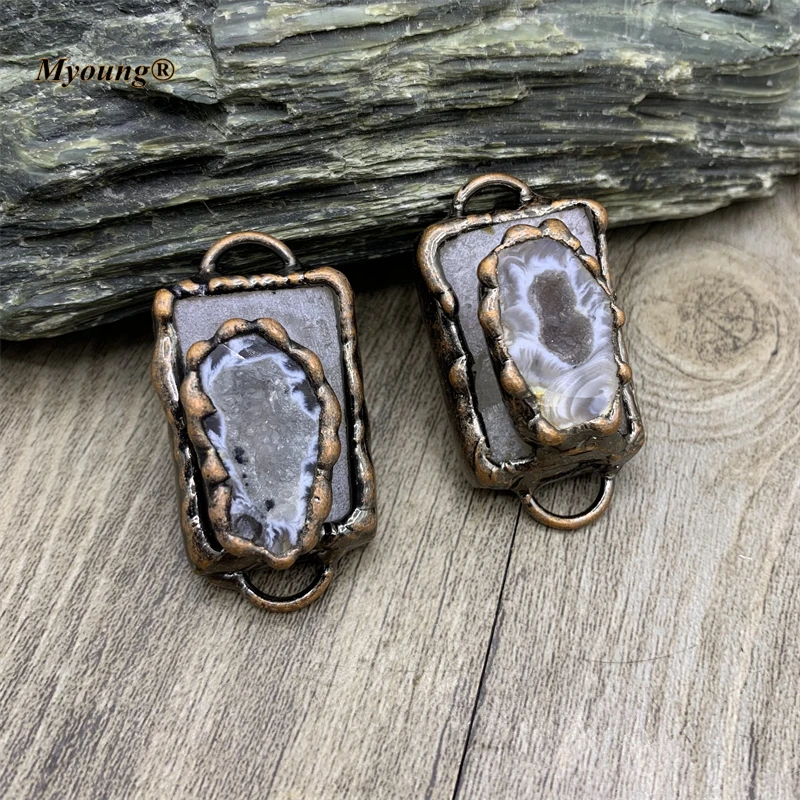 Hand Soldered Bronze Plated Rectangle Natural Agates Geode Stone Connector Pendants For DIY Bracelet Necklace Jewelry MY211005