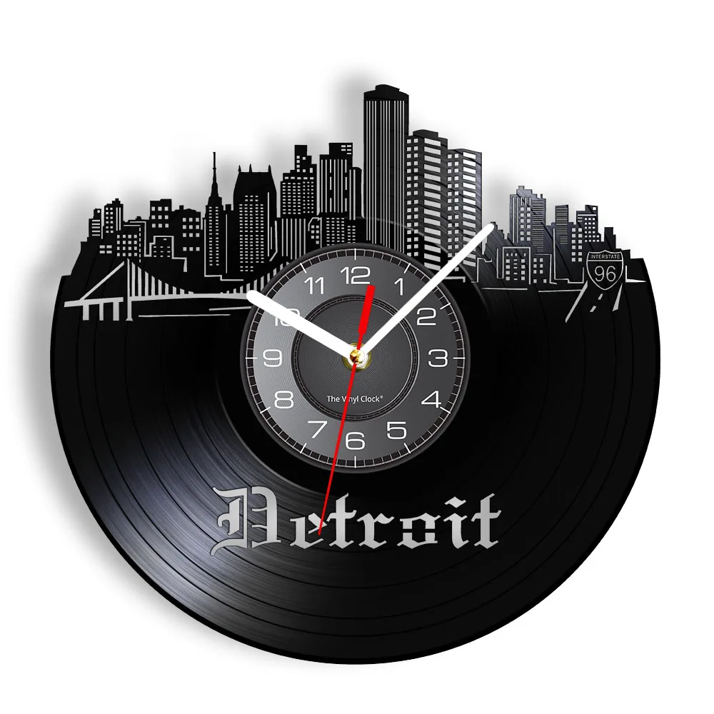 America Detroit Skyline Michigan Vinyl Record Wall Clock Architecture Accessories Retro Album LP Scene Watch US Travel Gift