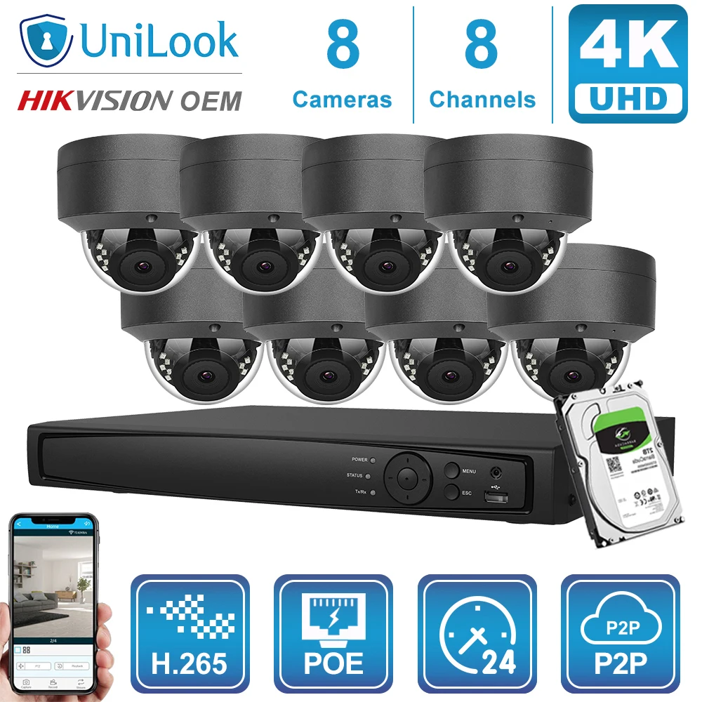 Unilook OEM 4K Camera System 8CH NVR 8MP Dome POE IP Camera Outdoor Security Night Vision OEM H.265 P2P NVR Kits