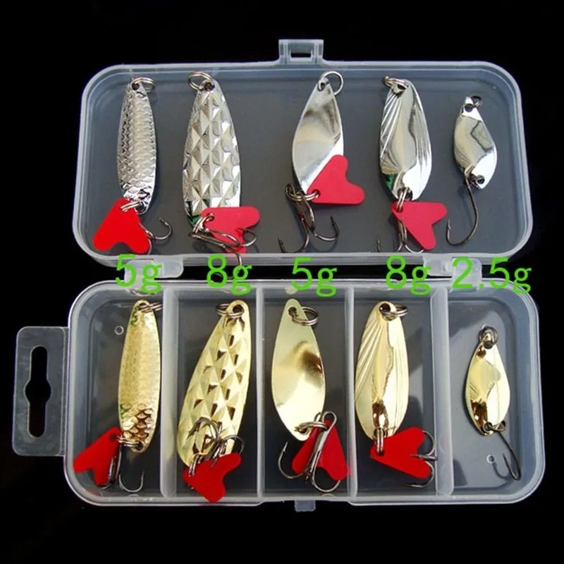 10Pcs Fishing Metal Spoon Lure Kit Set Gold Silver Baits Sequins Spinner Lures with Box Treble Hooks Fishing Tackle Gear