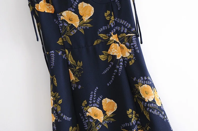 2020 French Summer Navy Blue Floral Print Bandage Spaghetti Strap Midi Dress Retro Sexy Women Lacing Up Sling Slit Vestido