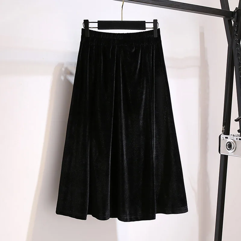 150Kg Plus Size Women\'s Autumn Loose Elastic Waist Velvet Skirt 5XL 6XL 7XL 8XL 9XL Solid Slim Casual A-line Female Skirt Black