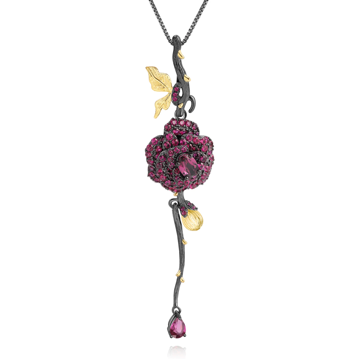 Gem\'s Ballet Black & 18K Goud Over 925 Zilveren Twee Tone Handgemaakte Rose Bloem Natuurlijke Rhodoliet Granaat Hanger Ketting voor Vrouwen