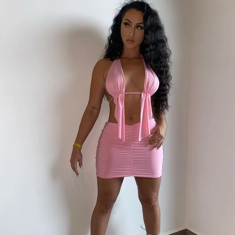 

Sexy Two Piece Skirt Sets Womens Outfits Club Wear Halter Backless Crop Top and Mini Skirts Matching Set Night Party Dress Sets