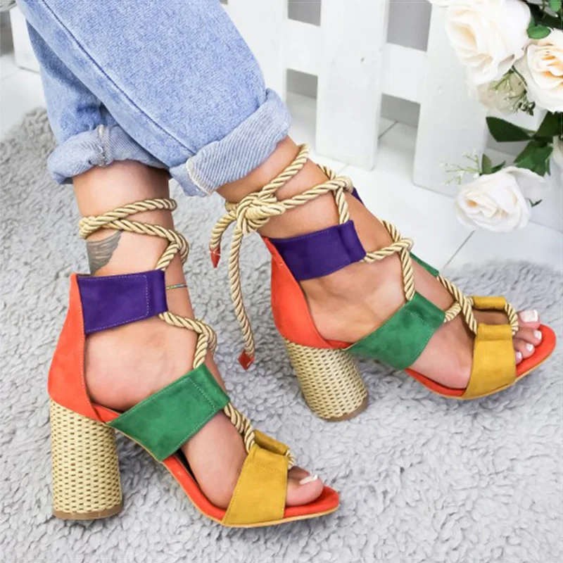 New Women Sandals Lace Up Summer Shoes Woman Heels Sandals Pointed Fish Mouth Gladiator Sandals Woman Pumps Hemp Rope High Heels