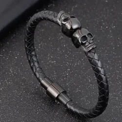 Hyperbole masculino jóias preto trançado pulseiras de couro aço inoxidável leahter pulseiras legal crânio pulseiras masculino pulseira