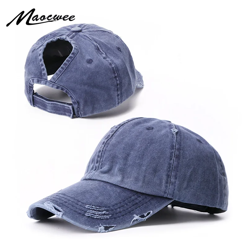 Retro Baseball Cap For Women Men Outdoor Sports Washing Hat With Ponytail Holes Solid Color Simple Brim Hat Old Curved Brim Caps