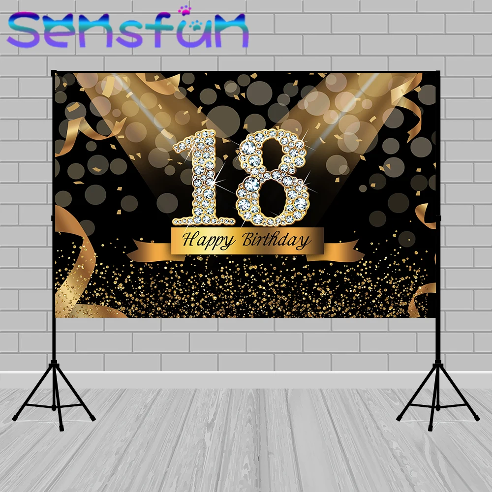 Sweet 18 Birthday Photo Background Kids Backdrop Custom Black and Gold Diamond Glitter Banner Photo Booth Photophone Vinyl