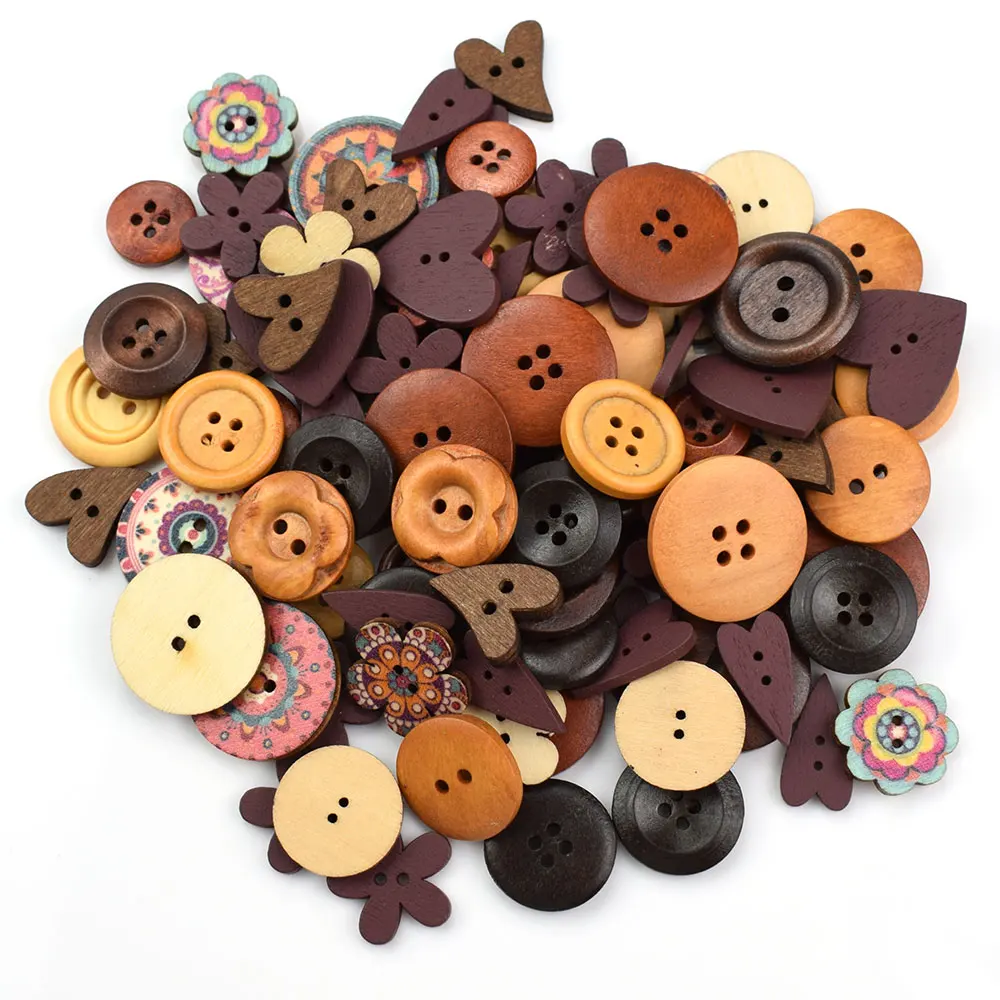 

500PCS Flower Heart Wooden Buttons DIY Scrapbooking Craft Sewing Garment Accessories 2 Holes 4 Holes Round Wood Button 15MM-25MM