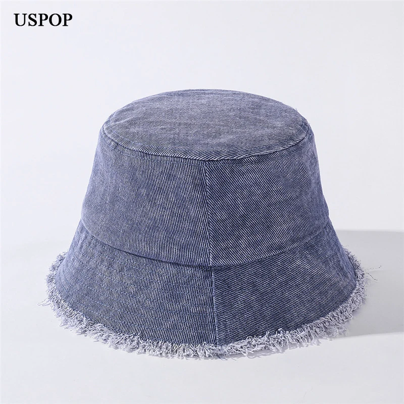 USPOP 2021 new bucket hats unisex rough edges denim bucket hats women men spring summer hats casual sun hats