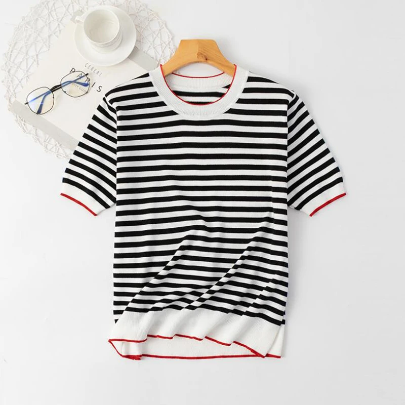 Summer Striped Pullover Knitted Short Sleeve knitted Sweater Women Slim Basic Casual Base Female knitting shirts Tops 2021