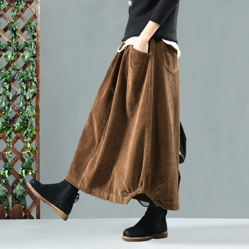 NINI WONDERLAND Autumn Winter Corduroy Skirt Women Vintage Midi Long Skirts Female Elastic Waist A-line Pleated Skirt Big Size