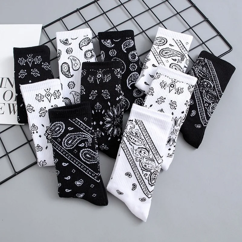 Chaussettes Unisexes Noires et Blanches à Motif Floral de Cajou pour Homme, Tendance Coréenne, Harajuku, Hip-Hop, Lotion, pour Couple, Boîte de 3