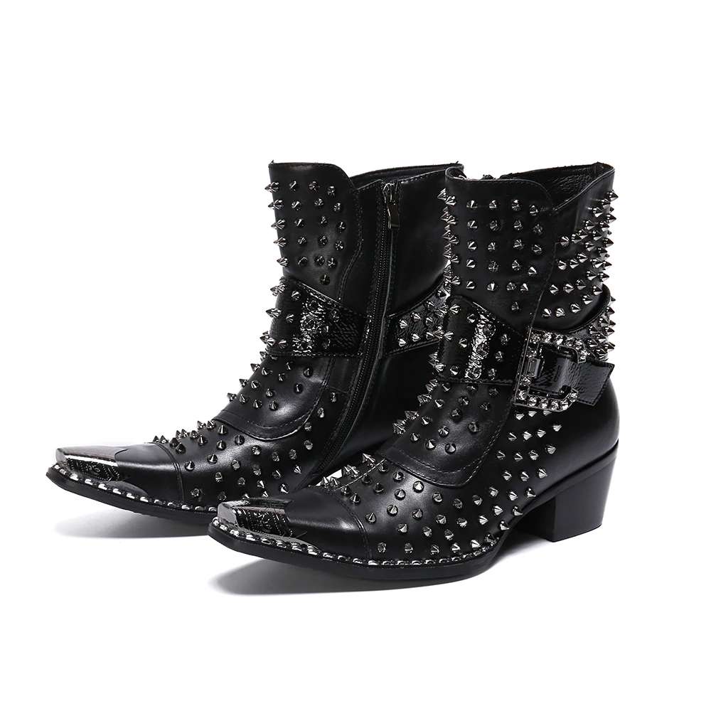 Frühling und Herbst Mode Sänger Modell Persönlichkeit High Heel spitze Lederstiefel Herrenschuhe Qualität Nieten Herrenstiefel