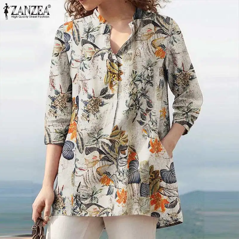 Floral  Printed Blouse Oversized Women Casual V Neck 3/4 Sleeve Shirt ZANZEA Retro Maxi Cotton Tops Bohemian Work Female Blusas